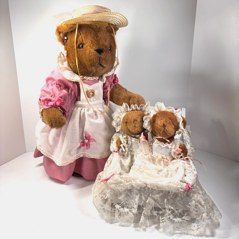 Danbury Mint Mama Bear And Her Twins 16" Victorian Plush Set With Stand Vintage